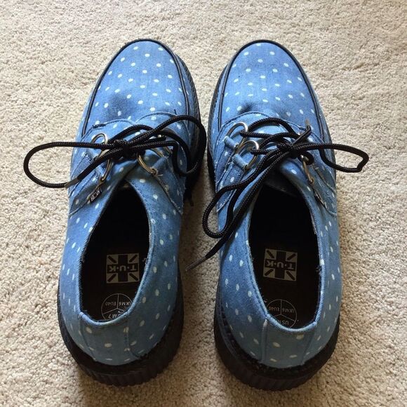 T.U.K Unisex Blue and White Denim Polka Dot Viva Mondo Creeper Platforms - Picture 6 of 9